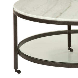 Basset Mirror Whitman Round Cocktail Table - Elegant Bronze & Ivory Marble With Glass Shelf & Functional Casters White Metal,Marble,Glass 1112-lr-120