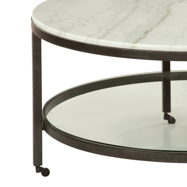 Basset Mirror Whitman Round Cocktail Table - Elegant Bronze & Ivory Marble With Glass Shelf & Functional Casters White Metal,Marble,Glass 1112-lr-120