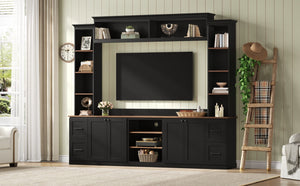 English Elm Unique Low Profile Media Console with Led Lighting Glass Shelves Fits Tvs to 105 Black N721S000077B
