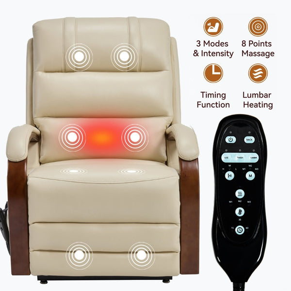 English Elm Power Lift Recliner with Leatheraire Upholstery Dual Motor Heat Massage Wood Armrests W1803S00082