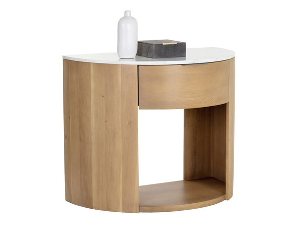 Sunpan Stella Nightstand with White Marble Top Oak Base and Antique Brass Hardware Pull 111326