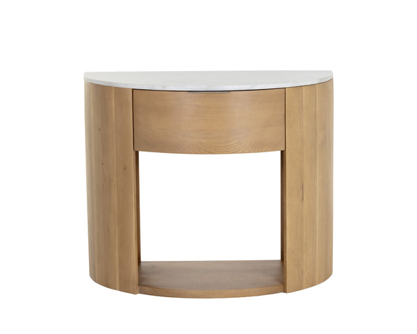 Sunpan Stella Nightstand with White Marble Top Oak Base and Antique Brass Hardware Pull 111326