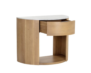 Sunpan Stella Nightstand with White Marble Top Oak Base and Antique Brass Hardware Pull 111326