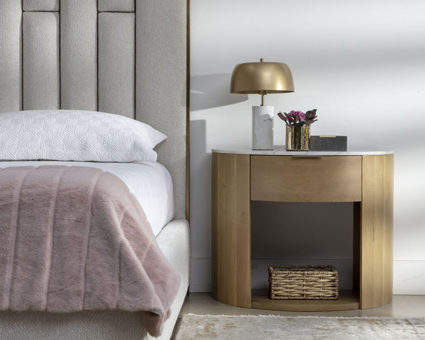 Sunpan Stella Nightstand with White Marble Top Oak Base and Antique Brass Hardware Pull 111326