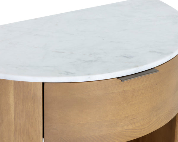 Sunpan Stella Nightstand with White Marble Top Oak Base and Antique Brass Hardware Pull 111326