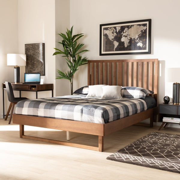 Baxton Studio Baxton Marin Queen Size Platform Bed in Walnut Brown – Modern Design with Slatted Headboard Style Marin-Ash Walnut-Queen