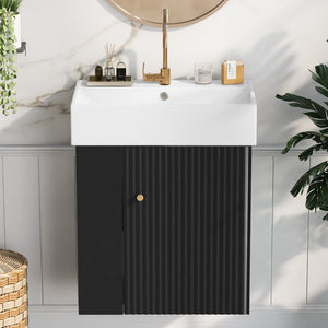English Elm 21.6 Modern Floating Bathroom Vanity with Ceramic Basin, Wave Door, Rose Gold Handle, Space-Saving Black N729P170390B