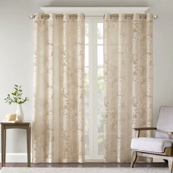 JLA Home Madison Park - Palm Leaf Burnout Window Sheer Curtain with Antique Silver Grommets, OEKO-TEX, Airy Coastal Style Natural MP40-7493