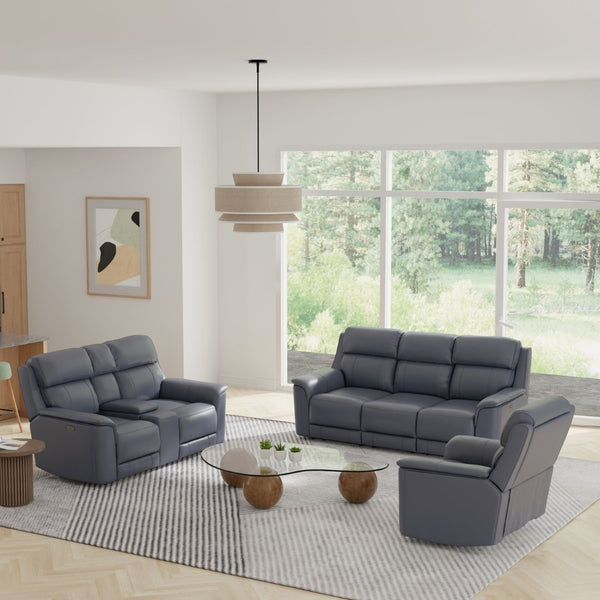English Elm Oslo Genuine Leather Power Reclining Sofa Set with Usb Charging and Swivel Glider Sapphire Blue B339S00006
