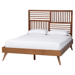 Baxton Studio Baxton Gemma Platform Bed – Mid-Century Modern Queen Frame With Slatted Headboard, Adjustable Height, Underbed Storage Gemma-Ash Walnut-Queen