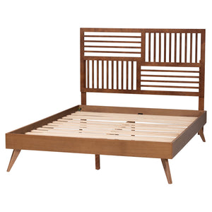 Baxton Studio Baxton Gemma Platform Bed – Mid-Century Modern Queen Frame With Slatted Headboard, Adjustable Height, Underbed Storage Gemma-Ash Walnut-Queen