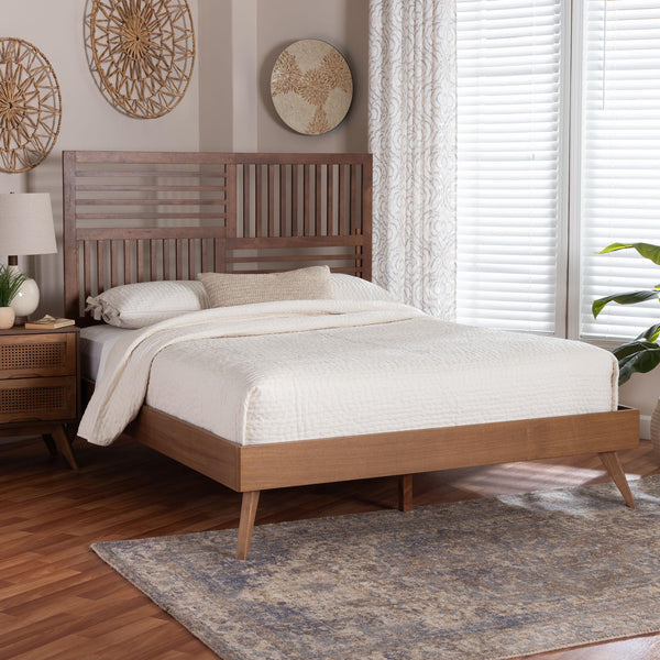 Baxton Studio Baxton Gemma Platform Bed – Mid-Century Modern Queen Frame With Slatted Headboard, Adjustable Height, Underbed Storage Gemma-Ash Walnut-Queen