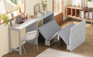 English Elm Twin Size Murphy Cabinet Bed With Adjustable Desk - Space-Saving Gray Chest Dresser For Guests N733P272603E-GIGA