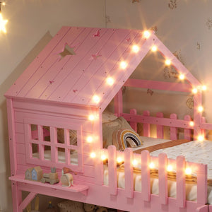 English Elm Twin Playhouse Loft Bed Solid Pine Frame with Slide Led Lights and Star Roof Pink W5316S00003