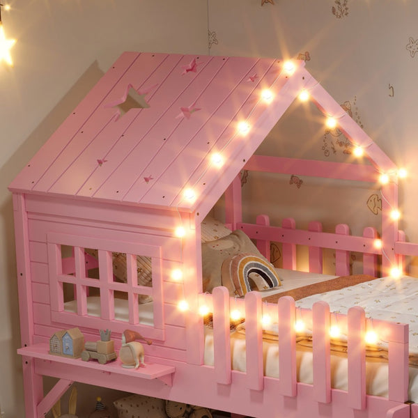 English Elm Twin Playhouse Loft Bed Solid Pine Frame with Slide Led Lights and Star Roof Pink W5316S00003