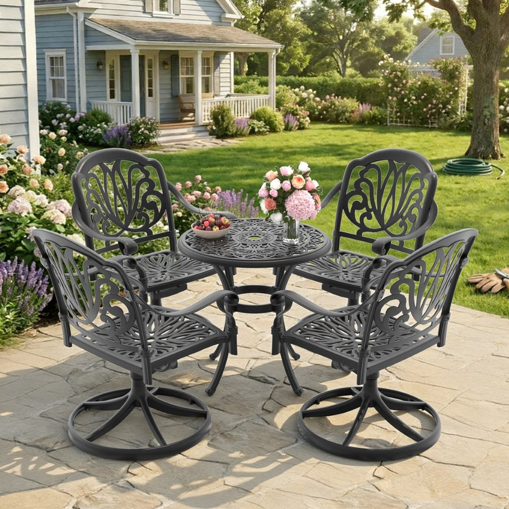 English Elm 5-piece Cast Aluminum Outdoor Dining Set with Swivel Chairs Ornate Patio Table W1710S00681