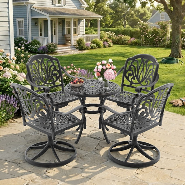 English Elm 5-piece Cast Aluminum Outdoor Dining Set with Swivel Chairs Ornate Patio Table W1710S00681
