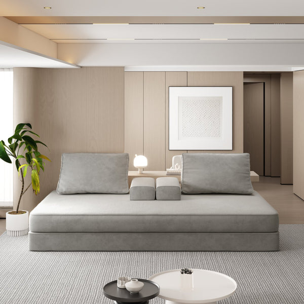 English Elm 86.6"Multifunctional Folding Sofa Bed with Chaise, Fluffy Chenille, Removable Backs & Pillows, Deep Seat Lounge LIGHT GREY W3219P340666