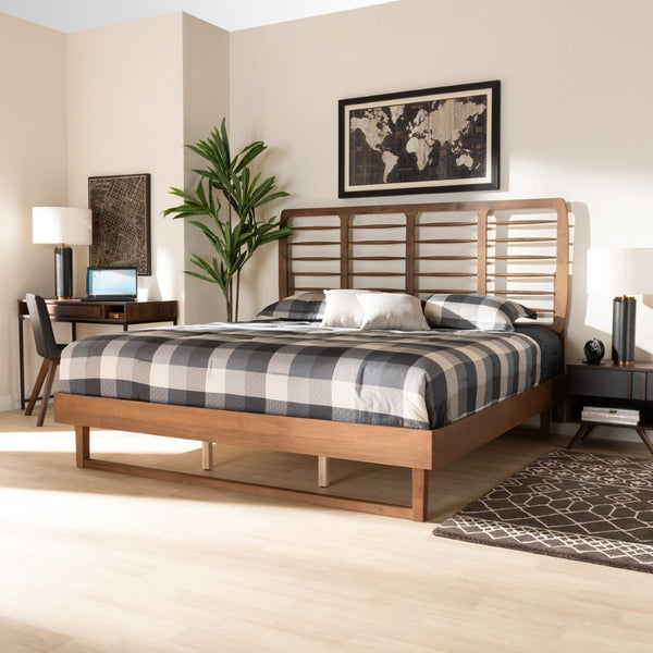 Baxton Studio Baxton Modern King Size Platform Bed with Walnut Finish, Spindle Headboard & Solid Wood Support Lucie Lucie-Ash Walnut-King