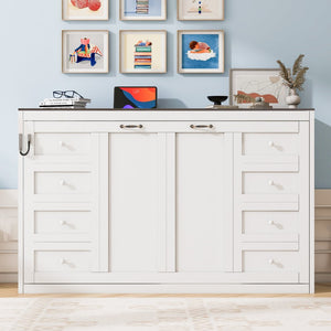 English Elm Twin Size Murphy Bed With Led Light – Stylish Space-Saving Wall Bed In White & Brown Cabinet Design N7090004013K-GIGA