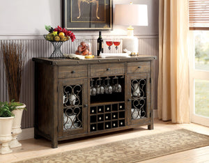 English Elm Rustic Walnut Solid Wood Dining Server with Wine Rack and Ornate Scroll Metalwork B2741P456486