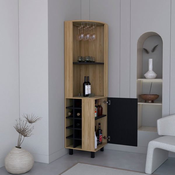 English Elm Kaia 70" Tall Corner Bar Cabinet with 10 Wine Cubbies, Stemware Rack & 4 Shelves in Black Pine B070S00254