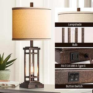 English Elm 27.5 Inch Farmhouse Bronze Table Lamp Set with Usb Charging Ports for Bedroom Decor W3355P440789