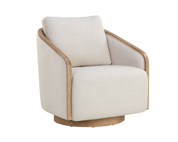 Sunpan Tasia Swivel Lounge Chair Linen Upholstered with Rubberwood Frame for Living Rooms Cream 111544V