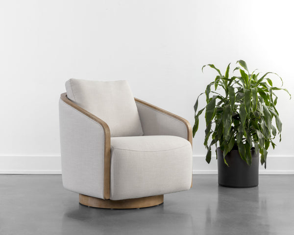 Sunpan Tasia Swivel Lounge Chair Linen Upholstered with Rubberwood Frame for Living Rooms Cream 111544V