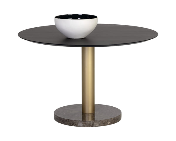 Sunpan Monaco Dining Table - Elegant Grey Marble with Gold Iron Base, Charcoal Oak Veneer for Modern Homes