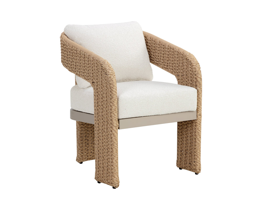Sunpan Pylos Wicker Outdoor Dining Armchair with Boucle Cushion and Sculptural Woven Texture 111597V