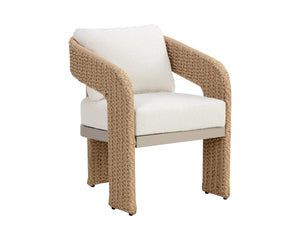 Sunpan Pylos Wicker Outdoor Dining Armchair with Boucle Cushion and Sculptural Woven Texture 111597V
