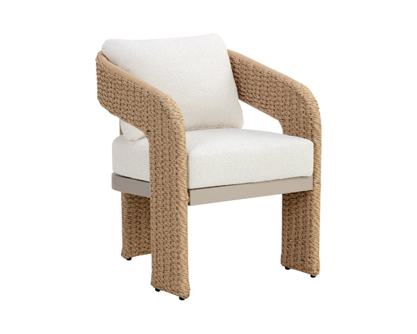Sunpan Pylos Wicker Outdoor Dining Armchair with Boucle Cushion and Sculptural Woven Texture 111597V