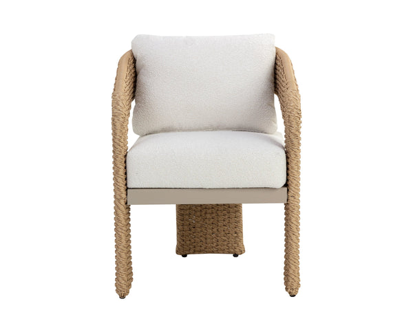 Sunpan Pylos Wicker Outdoor Dining Armchair with Boucle Cushion and Sculptural Woven Texture 111597V
