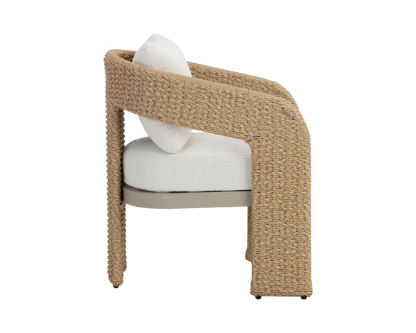 Sunpan Pylos Wicker Outdoor Dining Armchair with Boucle Cushion and Sculptural Woven Texture 111597V