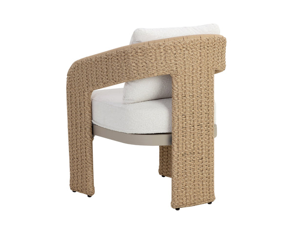 Sunpan Pylos Wicker Outdoor Dining Armchair with Boucle Cushion and Sculptural Woven Texture 111597V