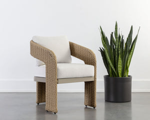 Sunpan Pylos Wicker Outdoor Dining Armchair with Boucle Cushion and Sculptural Woven Texture 111597V