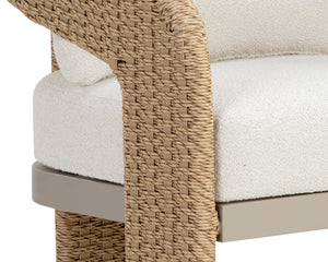 Sunpan Pylos Wicker Outdoor Dining Armchair with Boucle Cushion and Sculptural Woven Texture 111597V