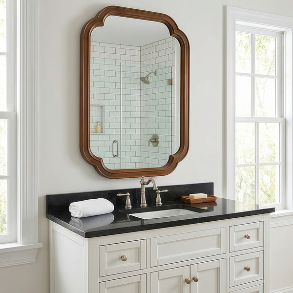English Elm Black Walnut Solid Wood Frame Mirror with Rounded Corners for Bedroom or Entryway W2203P455260