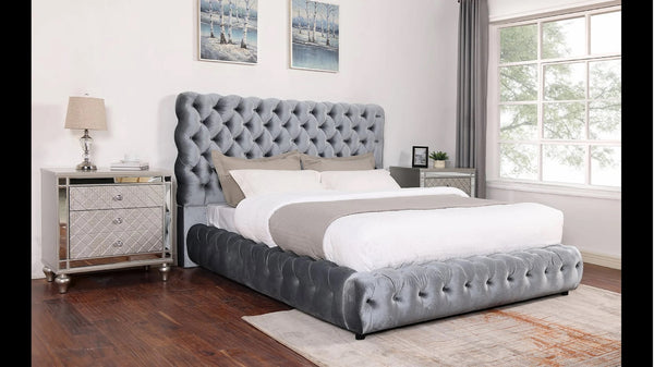 English Elm 1Pc Contemporary Upholstered King Bed With Tufted Headboard & Footboard - Stylish Gray Furniture Set B011S01653