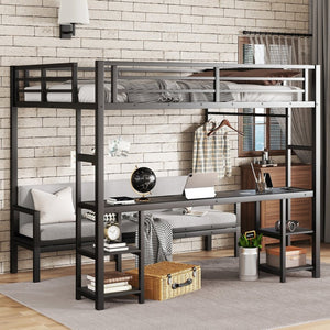 English Elm Queen Metal Bunk Bed With Desk & Usb, Versatile Loft Design Folds To Sofa, Led Lighting, Black W1580S00086-GIGA