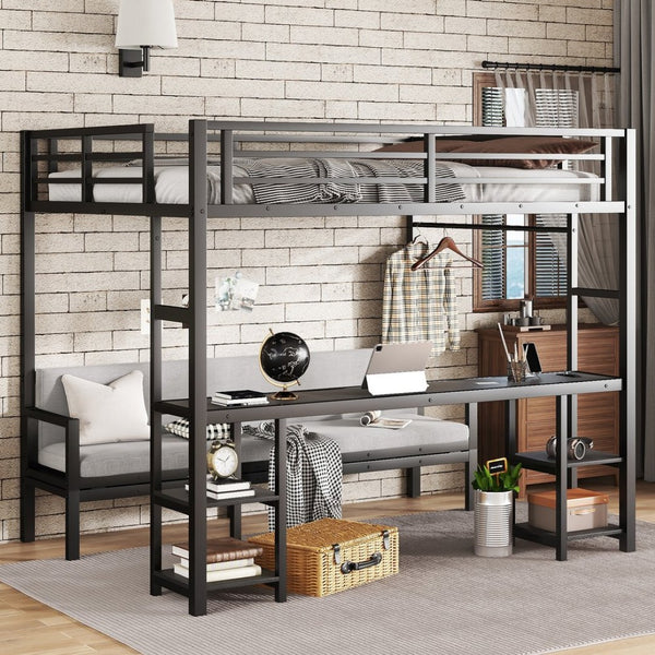 English Elm Queen Metal Bunk Bed With Desk & Usb, Versatile Loft Design Folds To Sofa, Led Lighting, Black W1580S00086-GIGA