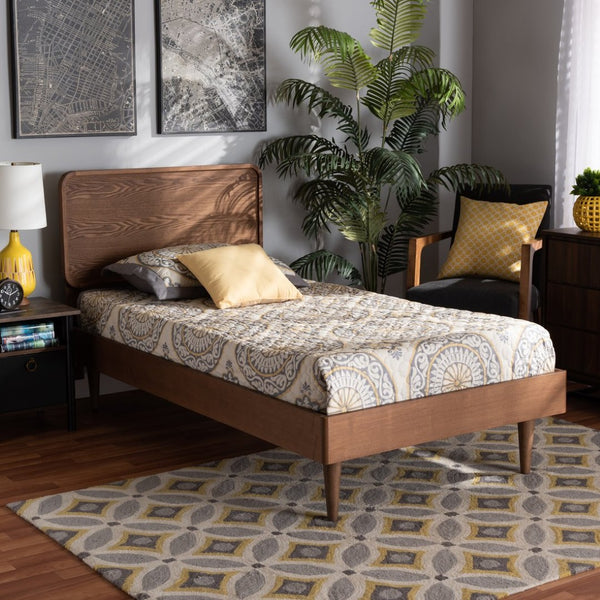Baxton Studio Baxton Gisa Mid-Century Modern Twin Platform Bed in Walnut Brown, Adjustable Headboard & Wood Slats Gisa-Ash Walnut-Twin