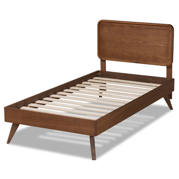 Baxton Studio Baxton Studio Leola Twin Platform Bed - Mid-Century Walnut Finish, Adjustable Headboard & Slat Support Leola-Ash Walnut-Twin