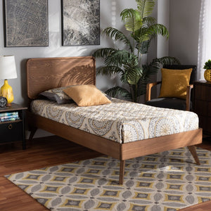 Baxton Studio Baxton Studio Leola Twin Platform Bed - Mid-Century Walnut Finish, Adjustable Headboard & Slat Support Leola-Ash Walnut-Twin