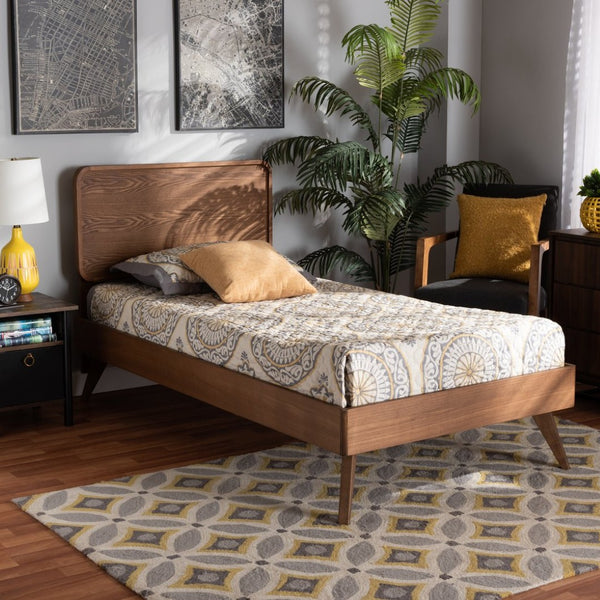 Baxton Studio Baxton Studio Leola Twin Platform Bed - Mid-Century Walnut Finish, Adjustable Headboard & Slat Support Leola-Ash Walnut-Twin