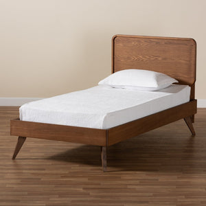 Baxton Studio Baxton Studio Leola Twin Platform Bed - Mid-Century Walnut Finish, Adjustable Headboard & Slat Support Leola-Ash Walnut-Twin