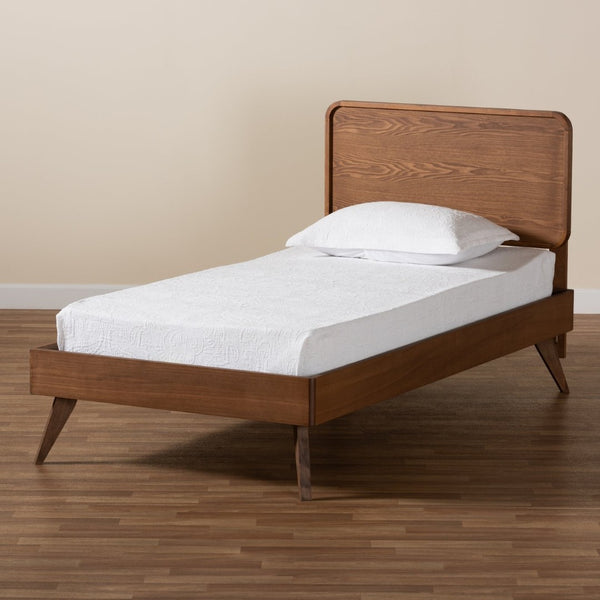 Baxton Studio Baxton Studio Leola Twin Platform Bed - Mid-Century Walnut Finish, Adjustable Headboard & Slat Support Leola-Ash Walnut-Twin