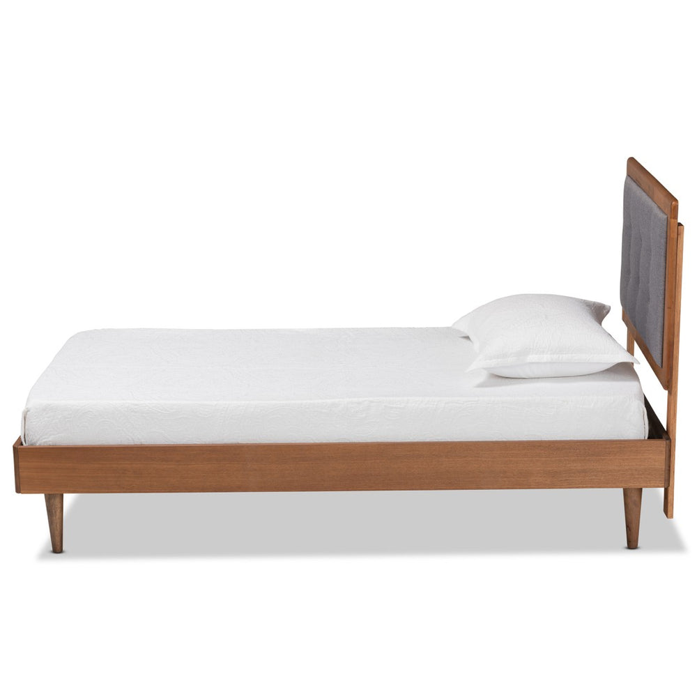 Baxton Studio Baxton Greta Mid-Century Modern Twin Platform Bed with Dark Grey Upholstery & Walnut Finish Elegance Greta-Dark Grey/Ash Walnut-Twin