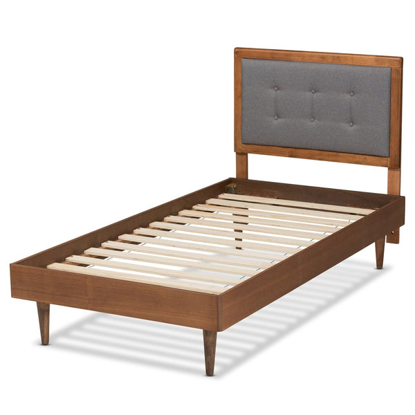 Baxton Studio Baxton Greta Mid-Century Modern Twin Platform Bed with Dark Grey Upholstery & Walnut Finish Elegance Greta-Dark Grey/Ash Walnut-Twin